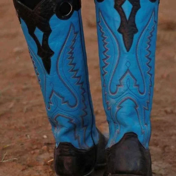 Panhandle Slim Black Blue BUCKAROO Boots marked 8.5B fit like 9 VINTAGE - Picture 3 of 5